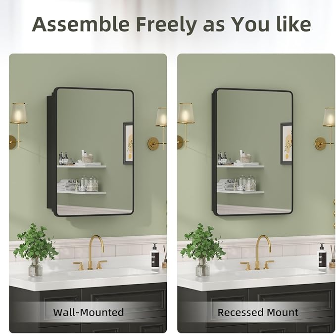 20×28 Black Medicine Cabinet with Mirror, Bathroom Medicine Cabinet with Mirror for Vanity Wall Mounted & Recessed with Cosmetics Storage Rack, 2 Stable and Removable Shelves, Easy Installation