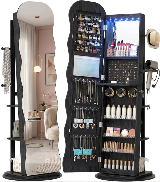Vlsrka 360° Swivel Jewelry Aromire with Wavy Mirror, Lockable Jewelry Organizer Mirror Full Length, Rotatable Standing Mirror with Storage, Jewelry Cabinet, Interior Mirror, Flodable Shelf, Black