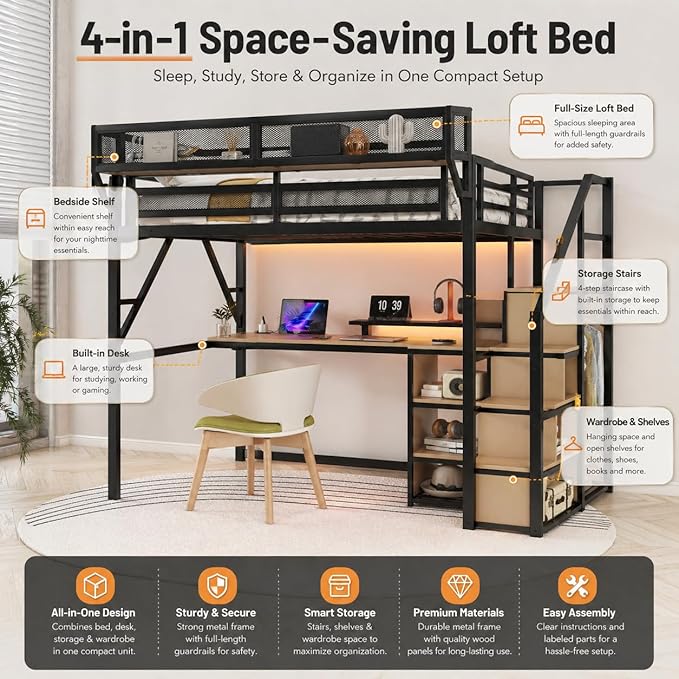 Mirightone Full Loft Bed with Desk and RGB Light, Metal Loft Bed Frame with Stairs and Bedside Shelf, Heavy-Duty Lofts Beds with Storage Shelves and Wardrobe for Kids Teens, Black