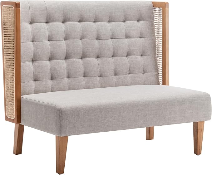 Andeworld Loveseat Settee Bench with Rattan Arms, Upholstered Modern Mini High-Back Sofa Couch,Banquette Dining Bench for Living Dining Room Bedroom Office Small Space Entryway，Grey
