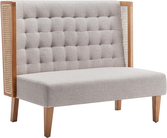 Andeworld Loveseat Settee Bench with Rattan Arms, Upholstered Modern Mini High-Back Sofa Couch,Banquette Dining Bench for Living Dining Room Bedroom Office Small Space Entryway，Grey