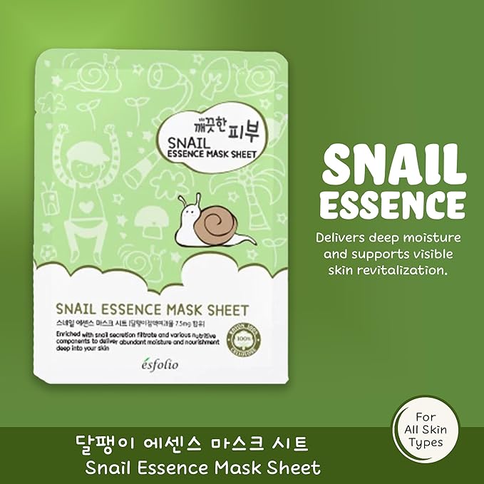 esfolio Snail Essence Mask Box – Hydrating & Repairing Sheet Masks, Korean Skincare for Moisturizing, Soothing, and Skin Renewal, Anti-Aging Face Mask for All Skin Types (Pack of 10)
