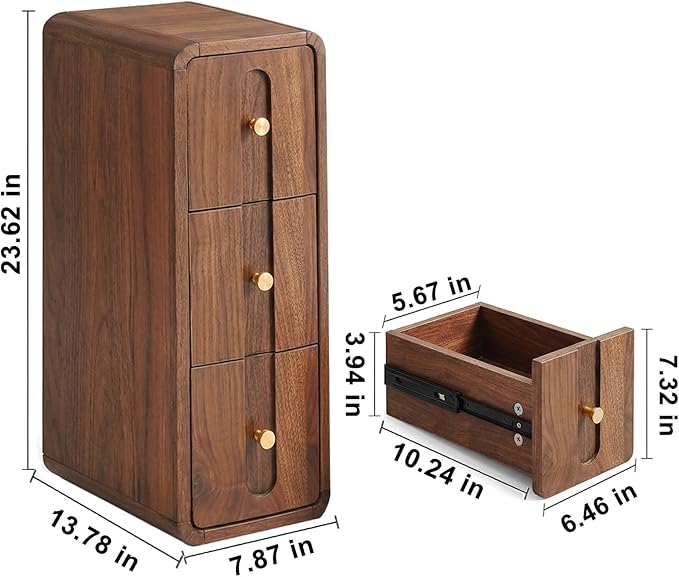 Narrow Nightstand with 3 Drawers, Small Bedside Table, Mid Century Modern Skinny Night Stand with Storage, Wood Slim Side Table for Bedroom, Small Spaces, Living Room (Walnut-1pcs)