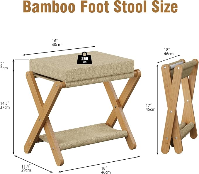Trironsun Foldable Bamboo Foot Stool Ottoman Double-Layer X Legs Folding Footrest with Padded Cushion Small Upholstered Ottoman for Bedroom Living Room Vanity or Couch (Natural Bamboo)