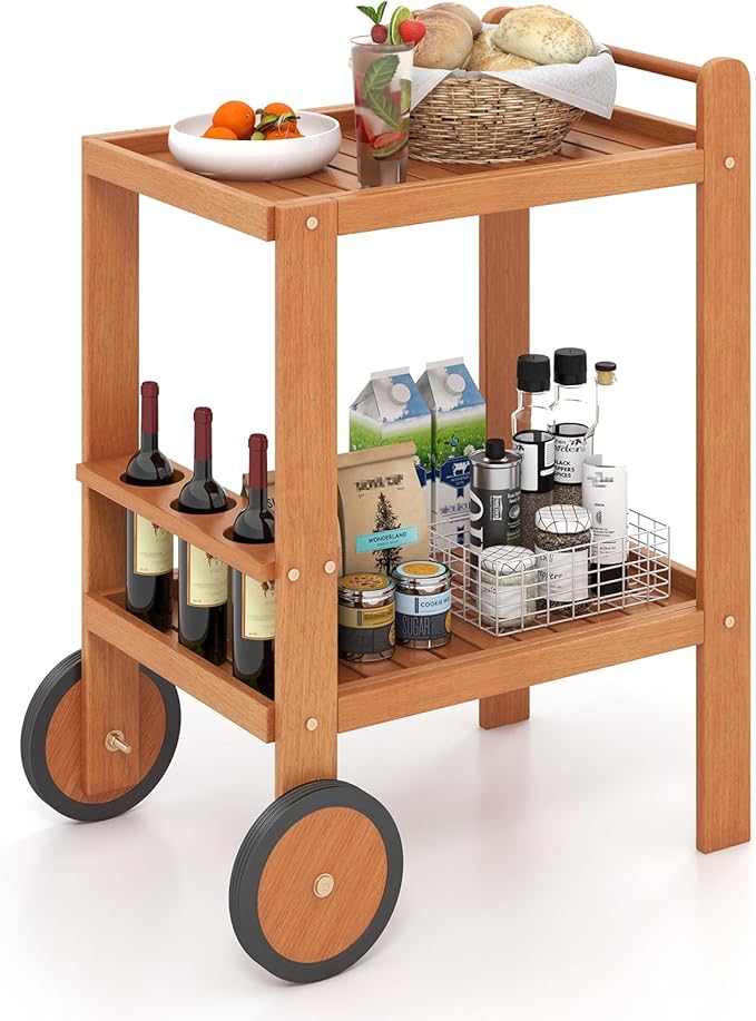 Tangkula Wood Bar Cart, Outdoor Indoor 2 Tier Rolling Serving Cart with Wine Bottle Holders and 2 Rubber Wheels, Bar Table Beverage Drink Cart for Kitchen, Patio, Garden and Poolside, Natural