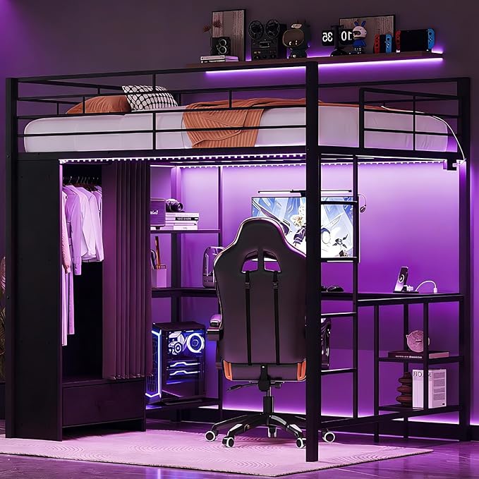 VINGLI Full Loft Bed 15 Inch Extra Tall Safety Guardrail, Wardrobe with Curtain, and Flat Rungs, LED High Double Sleeper with 2 Charging Stations, Desk and Drawer, Heavy Duty Space Saving Bed, Black