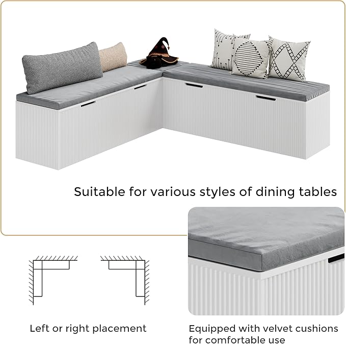 Mekminop Kitchen Breakfast Nook Bench, Backless Wood Corner Bench with Cushion Seat, L Shape Dining Bench with Hidden Storage Space, White