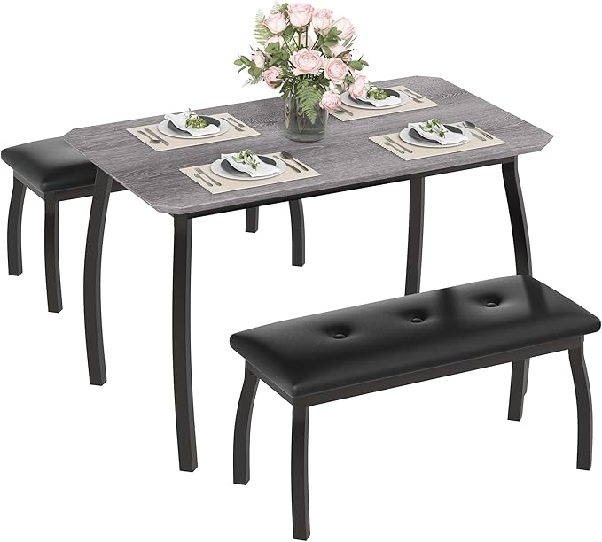 Dining Table for 4, 3-Piece Kitchen Table Set for 4 with Wooden Tabletop and Metal Frame, Industrial Kitchen Table with 2 PU Leather Benches for Bar, Dining Room, Restaurant(43''x28''x30''), Gray