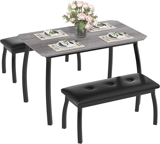 Dining Table for 4, 3-Piece Kitchen Table Set for 4 with Wooden Tabletop and Metal Frame, Industrial Kitchen Table with 2 PU Leather Benches for Bar, Dining Room, Restaurant(43''x28''x30''), Gray