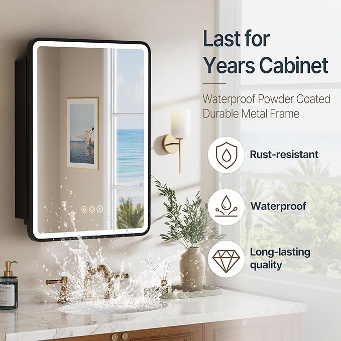 20x28 Inch Medicine Cabinet with Mirror, Recessed or Surface Mount Bathroom Medicine Cabinet with LED Lights, Anti-Fog, Memory Function, Adjustable Shelf, Dimmable Light, ETL Listed, Black,Left Hinge