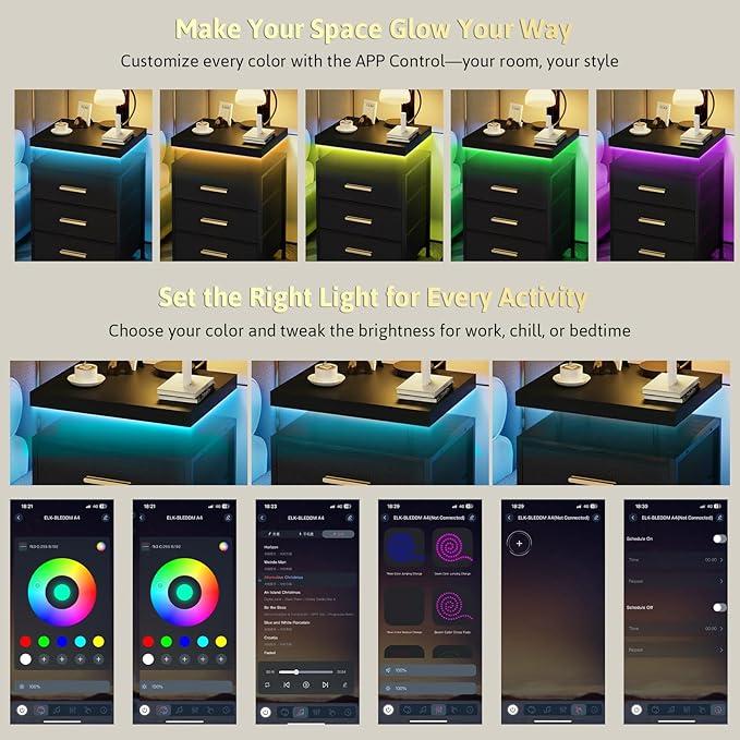 DreamDashio Night Stand with APP Control LED Lights, 3 Fabric Storage Drawers with PU Finish, Floating Top Design, Bedside Table with Open Shelf, End Table for Bedroom, Living Room, Office (Black)