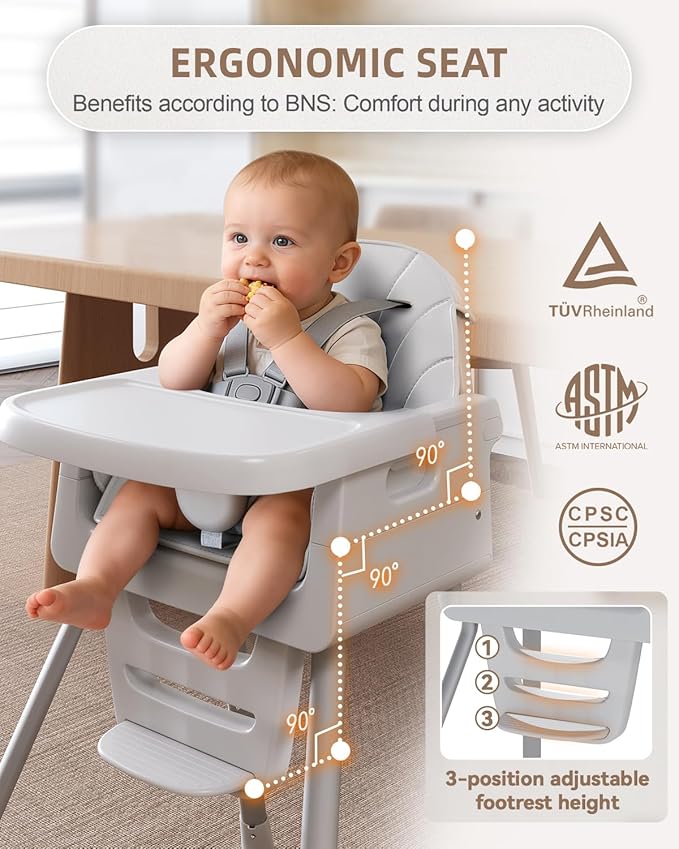 Baby High Chair for 6 Months+, Foldable High Chairs for Babies and Toddlers, Convertible High Chair, Adjustable Tray & Footrest, Portable High Chair & Easy to Clean(Gray)