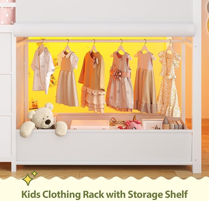 UPOSOJA Twin - Low Loft Bed with Kids Clothing Rack, Kids Loft Bed, Loft Bed with Tent, Toy Storage Box, Safety Guardrail, LED Light, Under-Hide and Seek Bed Play Space (White)