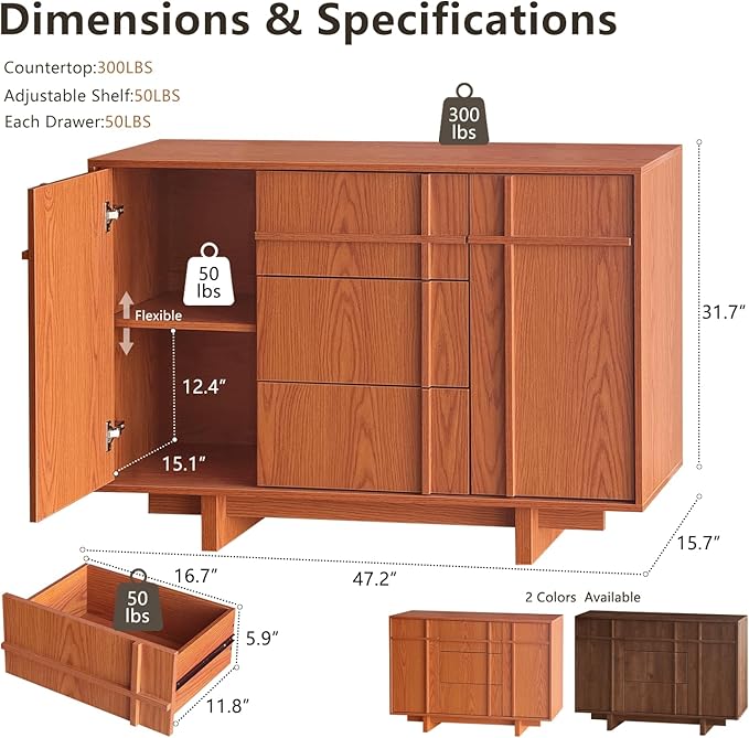 Sideboard Buffet Cabinet with Storage, 47.2" Large Sideboard with 2 Doors&3 Drawers, Mid Century Modern Credenza with Skeleton line&Wood Grain for Living Room, Kitchen and Entryway, Cherry