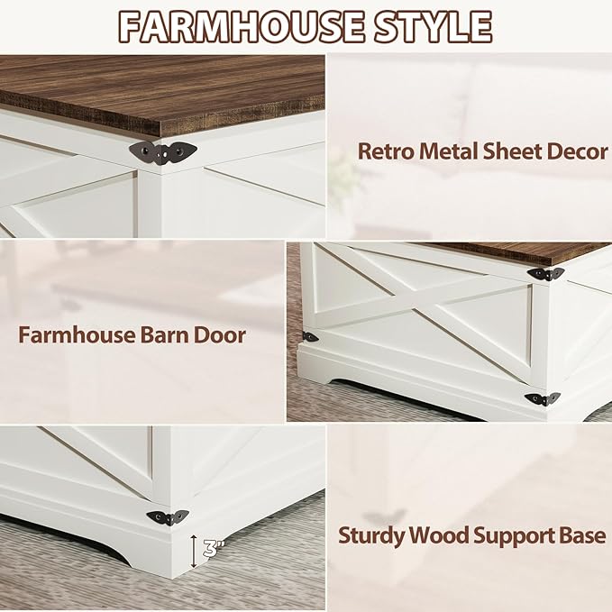 BROTTAR Lift Top Coffee Table with Storage, Square Coffee Table for Living Room with Charging Ports, Farmhouse Dining Table with Large Hidden Storage, White, 31.5"