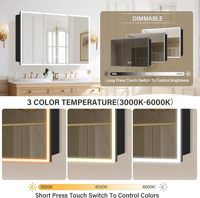 48×32inch Medicine Cabinet with Light,Recess Medicine Cabinet for Bathroom,3 Color,Dimmable,Demister,Detachable Side Plate for Recess Mount or Surface Mount