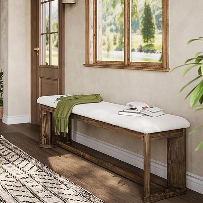 LITTLE TREE 63" Upholstered Bench, Solid Wood Entryway Shoe Bench with Cushion, Long Modern Farmhouse End of Bed Bench with Antique Brown Legs & Faux Lamb Fur Seat for Bedroom 2 PCS