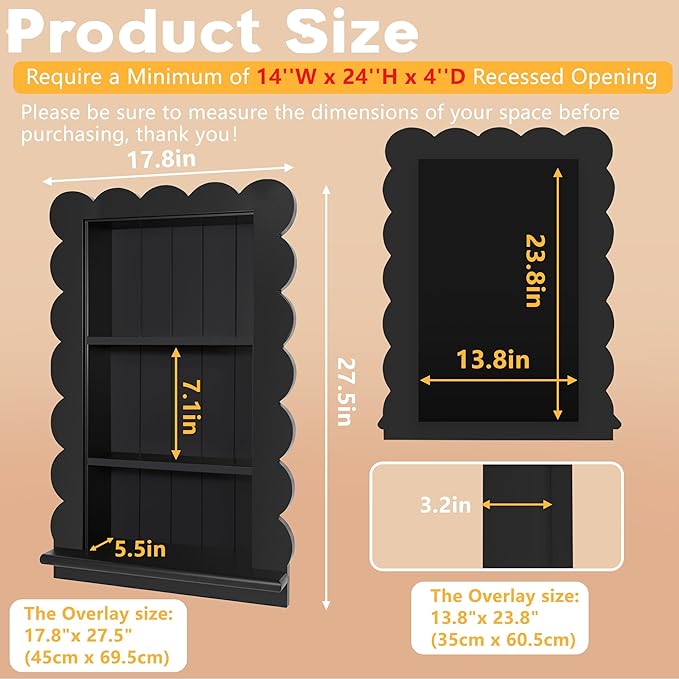 Royxen 14"x18" Recessed Medicine Cabinet, 2-Tier Wooden Bathroom Wall Cabinets Without Mirror,Scalloped Large Medicine Cabinet Niche for Bathroom Storage Organizer (Black, 18 x 24 Inch)