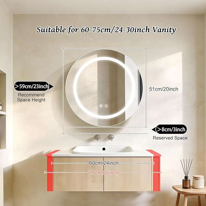 20inch Round Medicine Cabinet with Lights,Led Medicine Cabinet with Defogger,Illuminated Mirror Cabinet for Bathroom,Dimmable,Anti-Fog,3 Colors,Surface Mount Only,White
