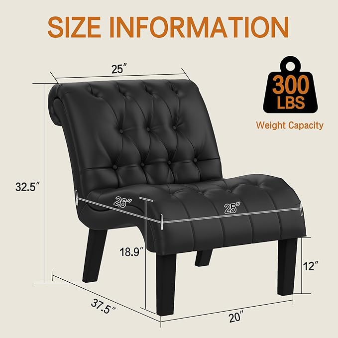 Black Faux Leather Accent Chair Modern Button Tufted Upholstered Armless Chair for Bedroom Living Room with Wood Legs