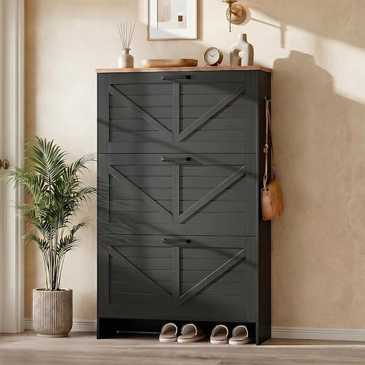 Nicetree Shoe Storage Cabinet for Entryway, 9.1" Ultra Slim 3-Drawer Flip Shoe Cabinet, Modern Black Farmhouse Hidden Shoe Organizer, Narrow Shoe Rack for Small Spaces