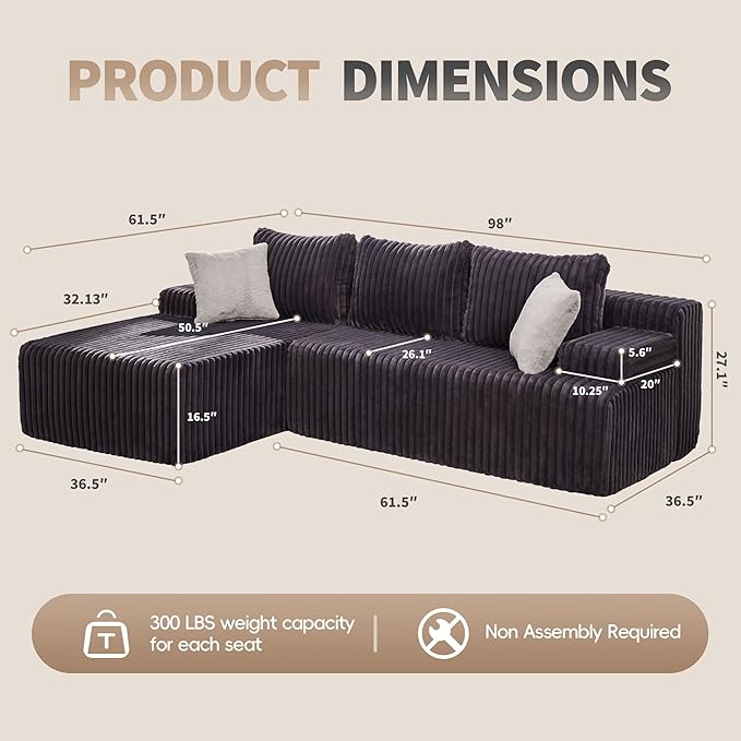 Hobestluk Modular Sectional Sofa Boneless Couch L-Shape Couch 3 Seat Modular Couch Memory Foam Sectional Couches for Living Room Furniture, Cloud Couch Lounge (Grey Stripe, 98" Left Facing Chaise)