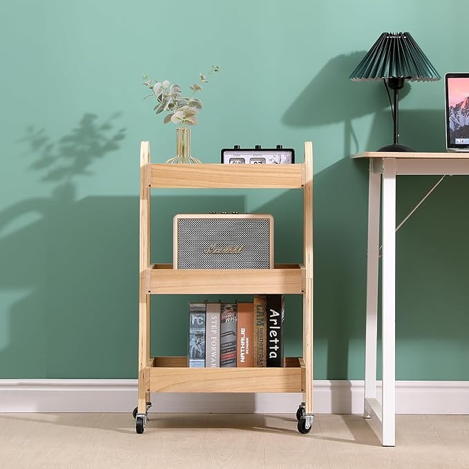 3-Tier Wooden Rolling Cart- Wooden Utility Cart wit Wheels- Utility Rolling Cart-Storage Trolley Organizer- Rolling Kitchen Cart Serving Cart for Office,Kitchen, Kids' Room (natural wood color)