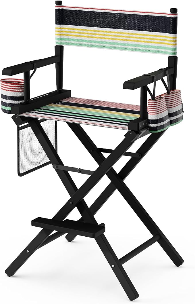 OmySalon 26" H Tall Directors Chair, Wooden Portable Folding Makeup Chair w/Storage Pouch & Footrest, Professional for Salon/Events/Mobile Services, 250lb Capacity, Striped Canvas & Black Frame