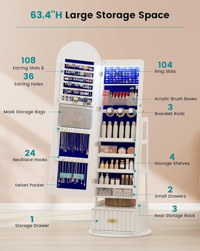Vlsrka 6 LEDs Mirror Jewelry Cabinet, 360° Swivel Full Length Mirror with Storage, Lockable Jewelry Armoire Cabinet Standing, Large Drawers Jewelry Organizer Mirror, Gift Idea for Women, White