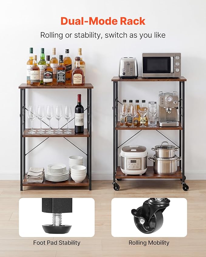 VEVOR Kitchen Utility Cart, 3 Tier 23.7 in Microwave Stand Coffee Cart, Heavy Duty Storage Rack, Service Trolley on Wheels, Industrial Rolling Work Table with 8 Hooks, for Mini Oven, Toaster, Vintage