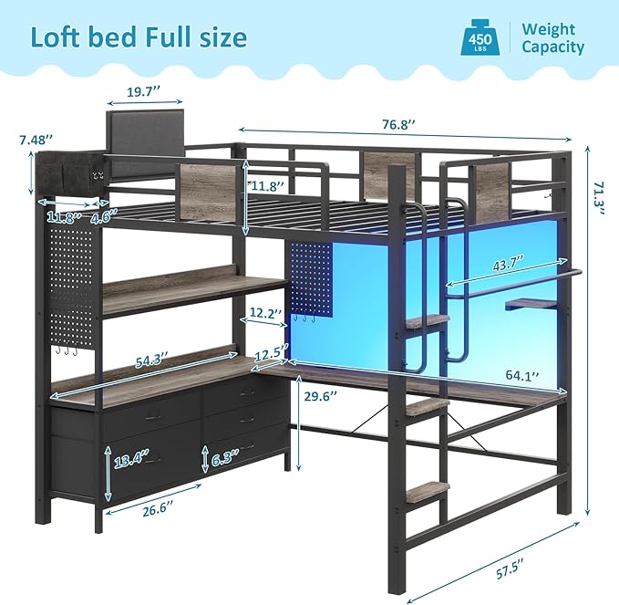 busyaeh Loft Bed Full Size with 5 Drawers & 3 Open Shelves and Charging Station，Full Size Loft Bed with Desk & LED Lights and Thickened Tread Stairs,Loft bed Space-Saving,No Box Spring Needed,Oak Gray