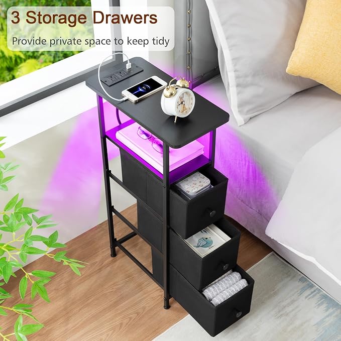 LOAKEKEL Narrow End Tables Living Room Set of 2 with Charging Station, Skinny Side Table with Fabric Drawers, Slim LED Nightstand for Bedroom, Small Spaces, Couch, Black, HETNDP03LBK