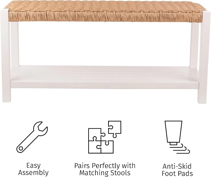 Alaterre Furniture Bench with Handcrafted Woven Rope Seat - Newport Collection 40-Inch Wood Bench with Storage Shelf for Entryway or Hallway - Indoor Furniture (White)