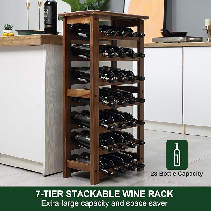 Everous Wine Rack Wood Floor Standing 28 Bottles - 7 Tier Wooden Wine Holder Storage Organizer for Kitchen, Pantry, Wine Cellar, Bar - Freestanding Display Rack Natural Acacia - Sustainable Home Decor