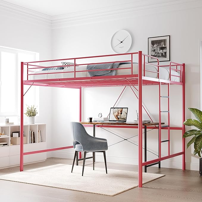 VINGLI Queen Loft Bed with Flat Rungs for Adults, Kids and Young Teens, No Box Spring Required,Heavy Duty Metal Slat Support, Pink