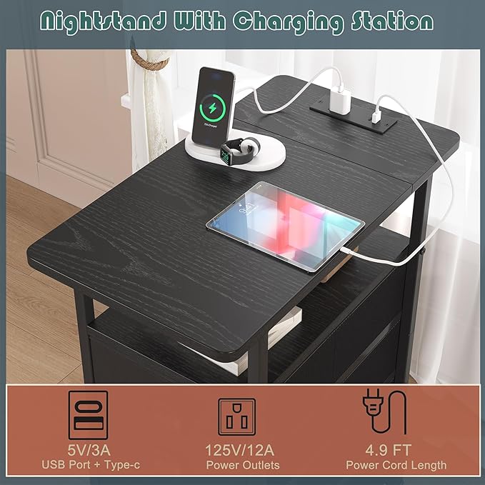 sthmec End Table with Charging Station, Side Tables Livingroom with USB Ports and Outlets,Narrow Nightstands Bedside Tables with 3 Drawers PU Finish for Small Space,Slim Sofa Table Bedroom,Black