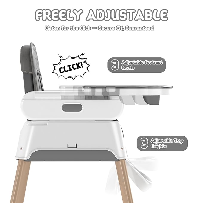 4 in 1 Baby High Chair for Babies and Toddlers, Foldable & Portable Convertible Booster Seat, Adjustable Tray & Footrest, Lightweight, Stable, Easy to Clean, Grey