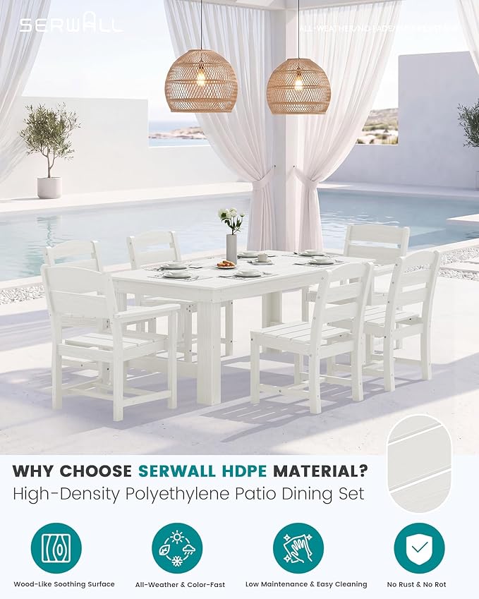 SERWALL Outdoor Dining Table Set, 67‘’ HDPE Patio Dining Set for 4, All-Weather Outdoor Table and Armless Chairs Set for Deck, White
