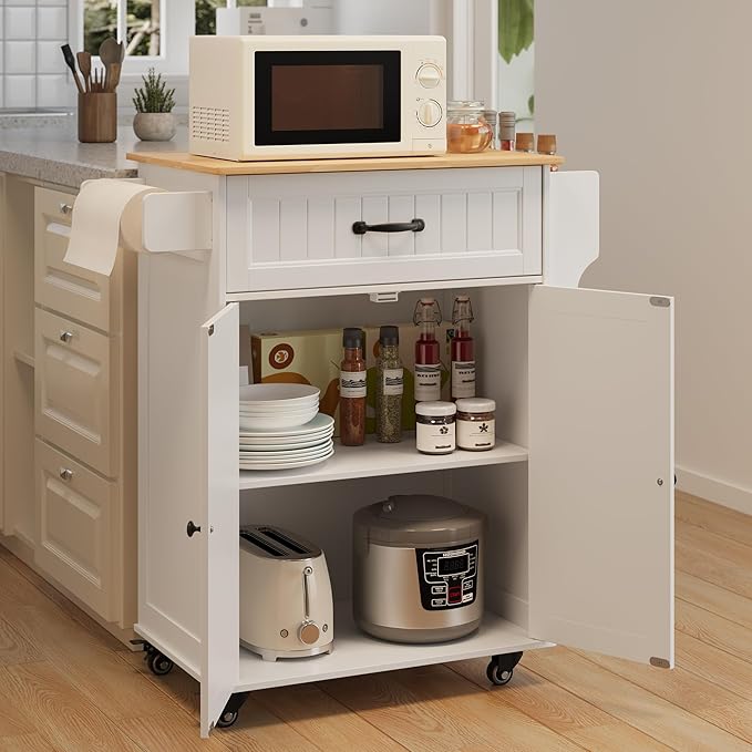 Gizoon Kitchen Island Cart with Adjustable Shelf, 33" W Mobile Trolley Cart on Metal Wheels with Drawer & Storage Cabinet, Spice Rack & Towel Rack, for Dining Room, Bar, White, Tabletop-Oak Color