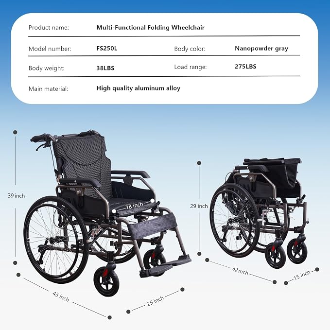 Aluminum Multifunctional Manual Wheelchair for Adults, 24" Quick-Release Wheels, Adjustable Footrests & Armrests, Dual Brakes, 275lbs Capacity, Folding Design (Nano Grey)