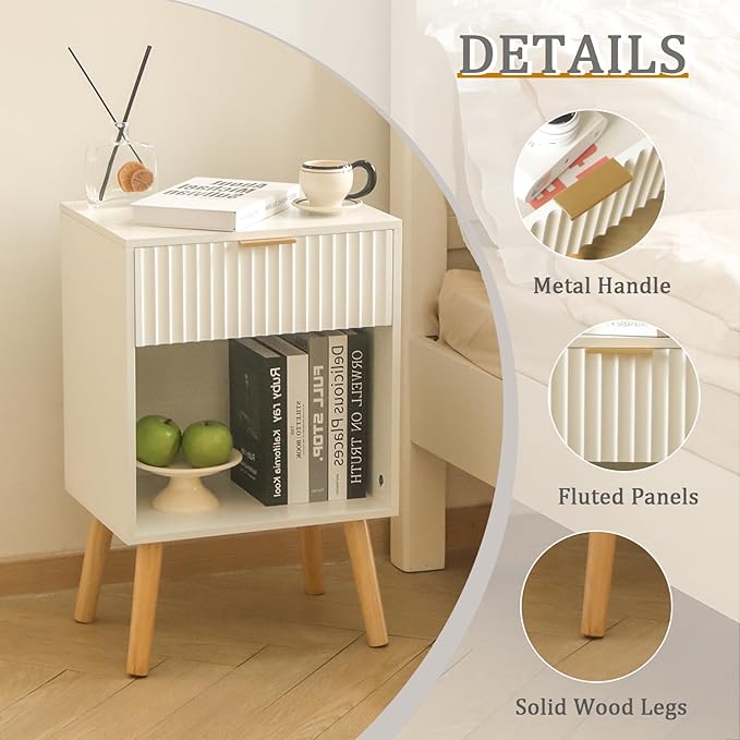 Fultyle White Nightstand with Charging Station, Mid Century Modern Bedside Table with Drawers and Outlet, Side Tables Living Room, Wooden Night Stand for Bedroom, Office (White)