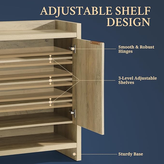 OAKHAM HOME Fluted Shoe Cabinet, 41" Tall 3-Door Entryway Storage Organizer with 3 Tier Adjustable Shelves, Modern Wood Shoe Rack for Hallway Mudroom Entrance Front Door (Sunwashed Ash Oak)