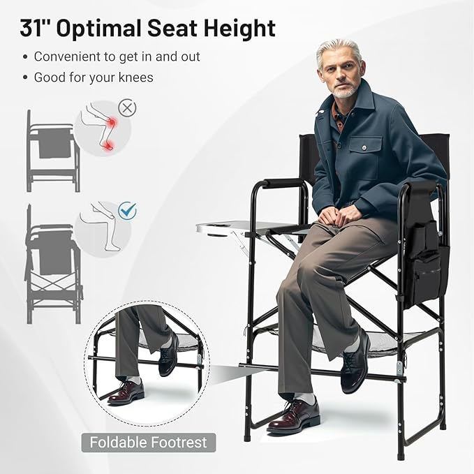 COSTWAY 46" Tall Directors Chair, Folding Makeup Artist Chair with Foldable Side Table & Footrest, Extra Cup Holder, Bottom Mesh Bag & Storage Pocket, Camping Chair for Lawn & Yard, Black+Gray