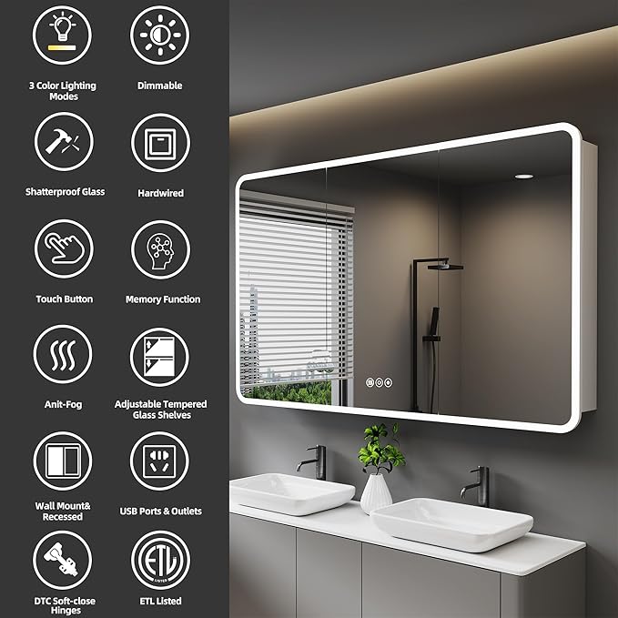 Medicine Cabinet with LED Lights and Mirror, 60 x 32 Inch Surface or Recessed Mounted Bathroom Cabinets with Door, Defogger, Memory Function, 3-Color Mode, Outlet&USB, Dimmer, Storage