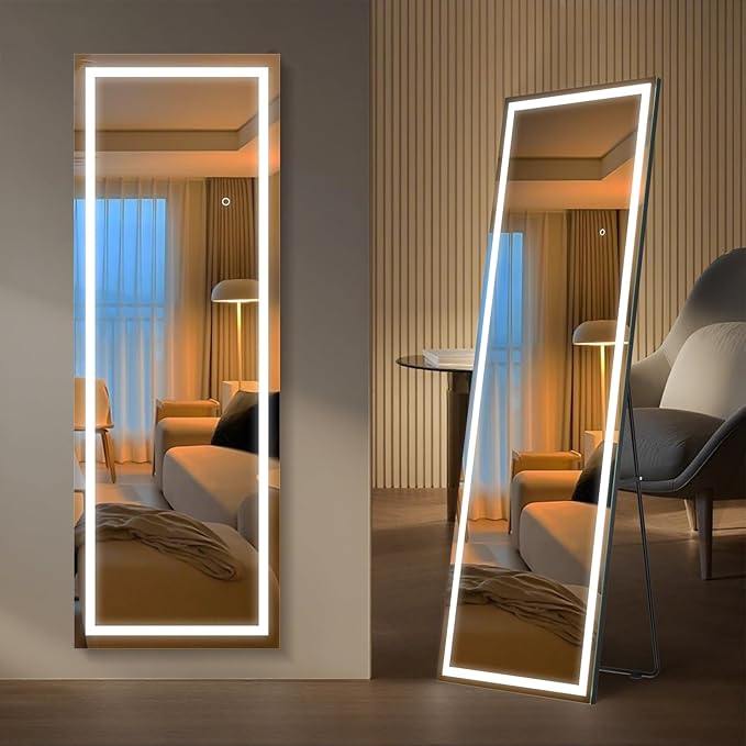 Kosmonia 63x24 Frameless Full Length Mirror, Dimmable 3 Color LED Light w/Memory Function, Distortion Free, HD Reflection & Anti Desilvering, Tempered Glass, Easy Setup w/Stand, Wall/Standing