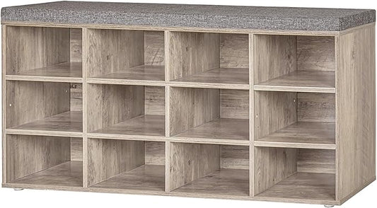 DINZI LVJ Shoe Storage Bench with Cushion, Cubby Rack with 12 Cubbies, Adjustable Shelves, Multifunctional Organizer Bench for Entryway, Mudroom, Hallway, Closet and Garage, Greige