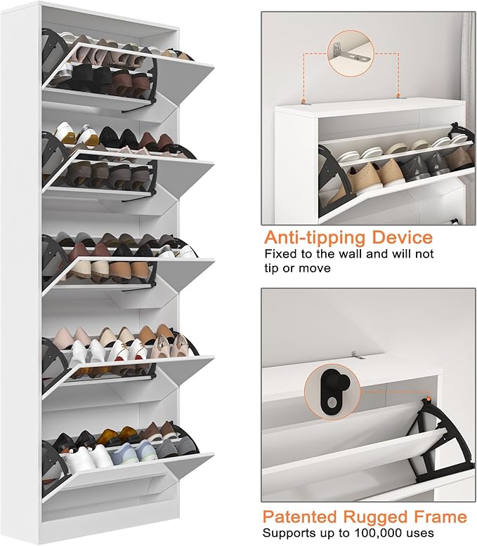Shoe Storage Cabinet with Full Length Mirror, 30 Pairs & 5 Flip Drawer, Free Standing Shoe Rack Cabinet, Narrow Shoes Organizer for Front Door, Entryway