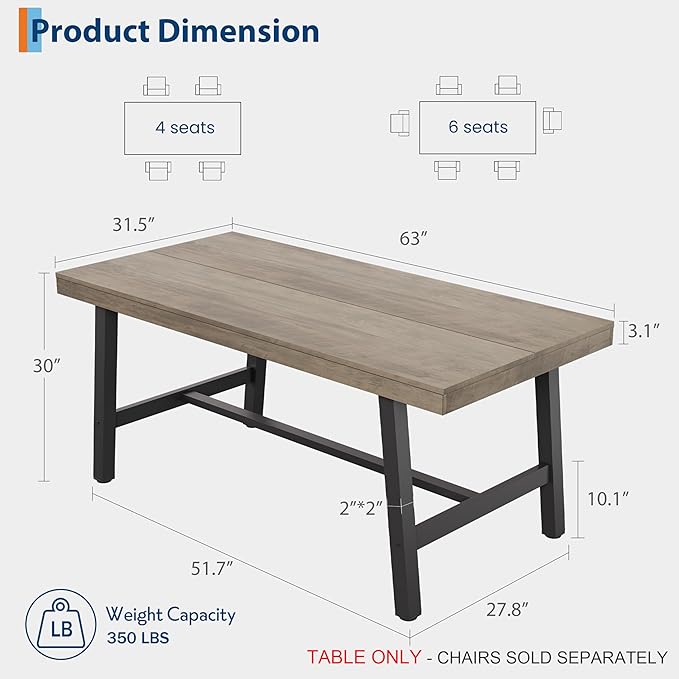GarveeHome Industrial Dining Table for 4-6 People, 63" Long Large Kitchen Table with Sturdy Metal Frame, Rectangular Counter for Dinner, Kitchen, Dining Room (Grey, 63" Non-extendable)