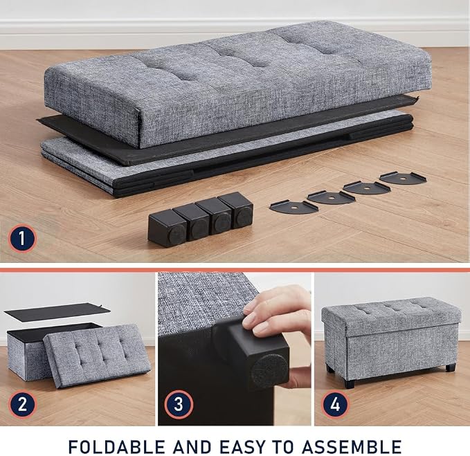 Ornavo Home 30 Inch Storage Ottoman, Large Storage Bench, Ottoman with Storage with Legs, Foot Rest Stool, Bedroom Bench - Gray