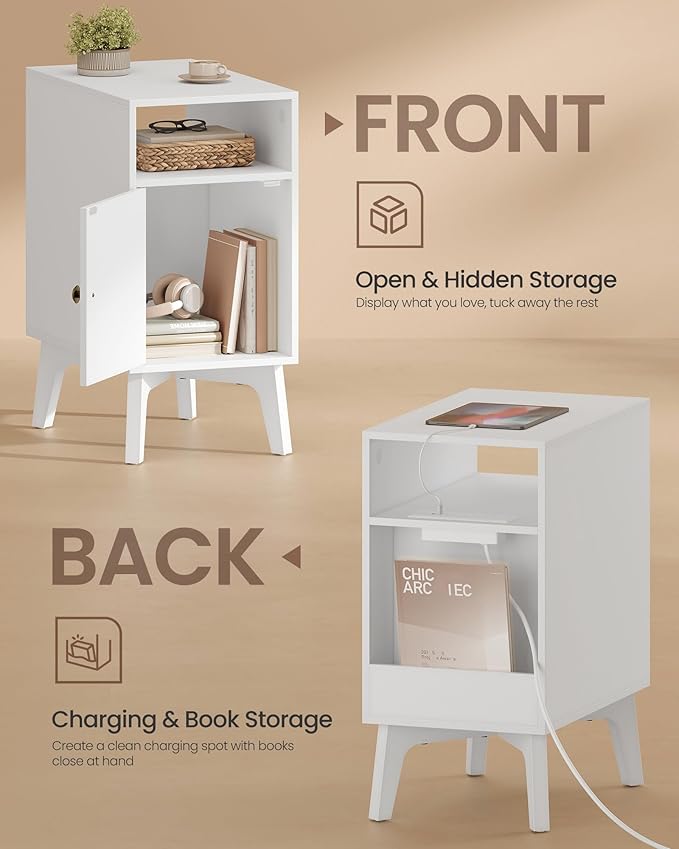 VASAGLE MAEZO Collection - End Table with Charging Station, Narrow Side Table, Nightstand with Tapered Legs, Curved Transitions, for Small Spaces, Living Room, Bedroom, Cloud White ULET329W101S